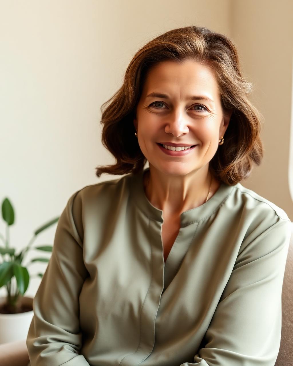 Jane, UK psychotherapist and founder of Room to Bloom, in warm natural light